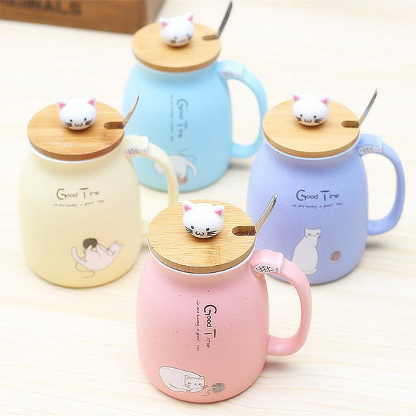 Cute Kitty Cat Ceramic Mugs and Spoon