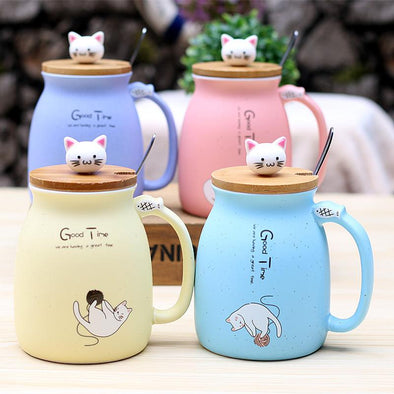Cute Kitty Cat Ceramic Mugs and Spoon
